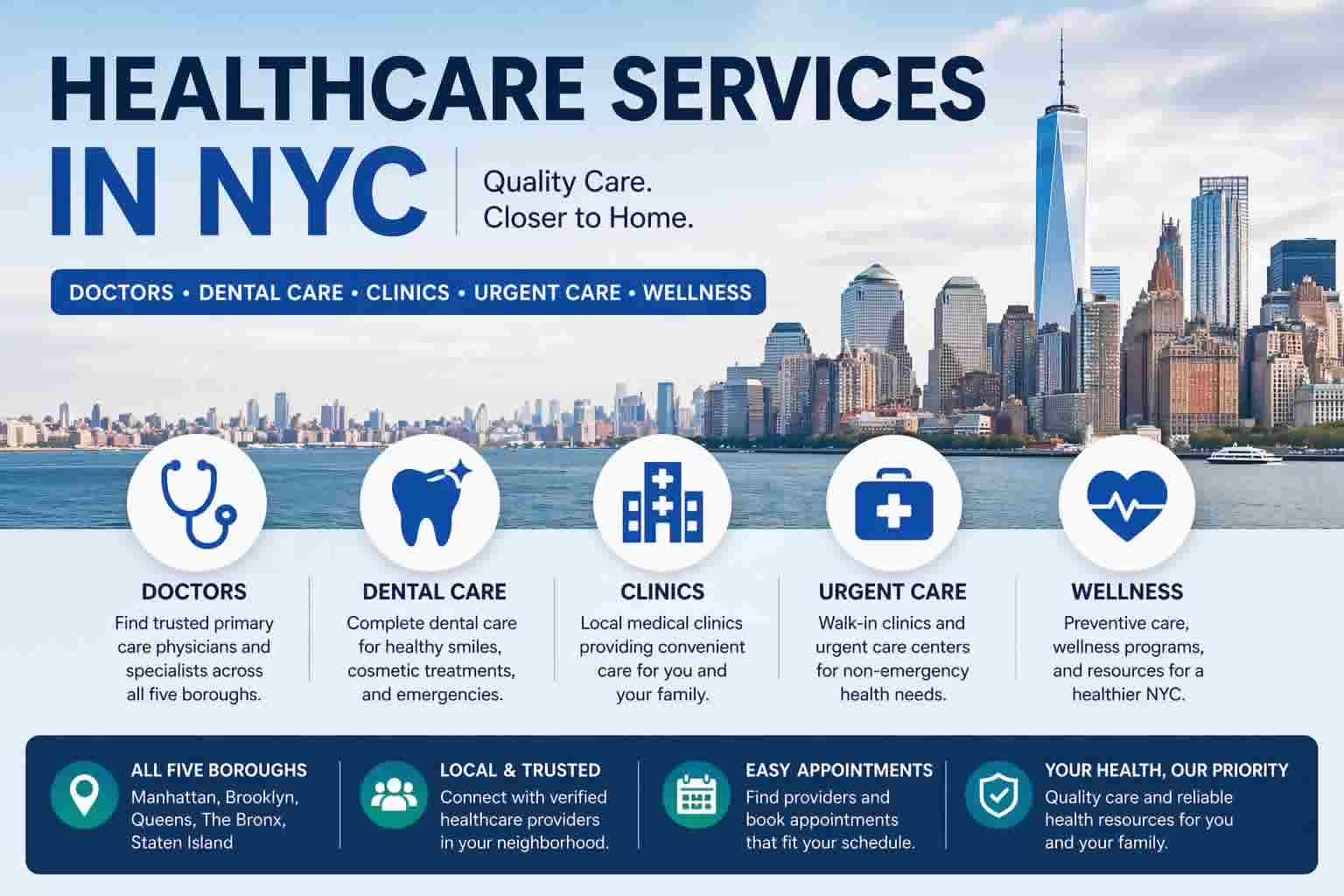 Healthcare services NYC 2026 infographic showing doctors dental clinics urgent care and wellness in New York City