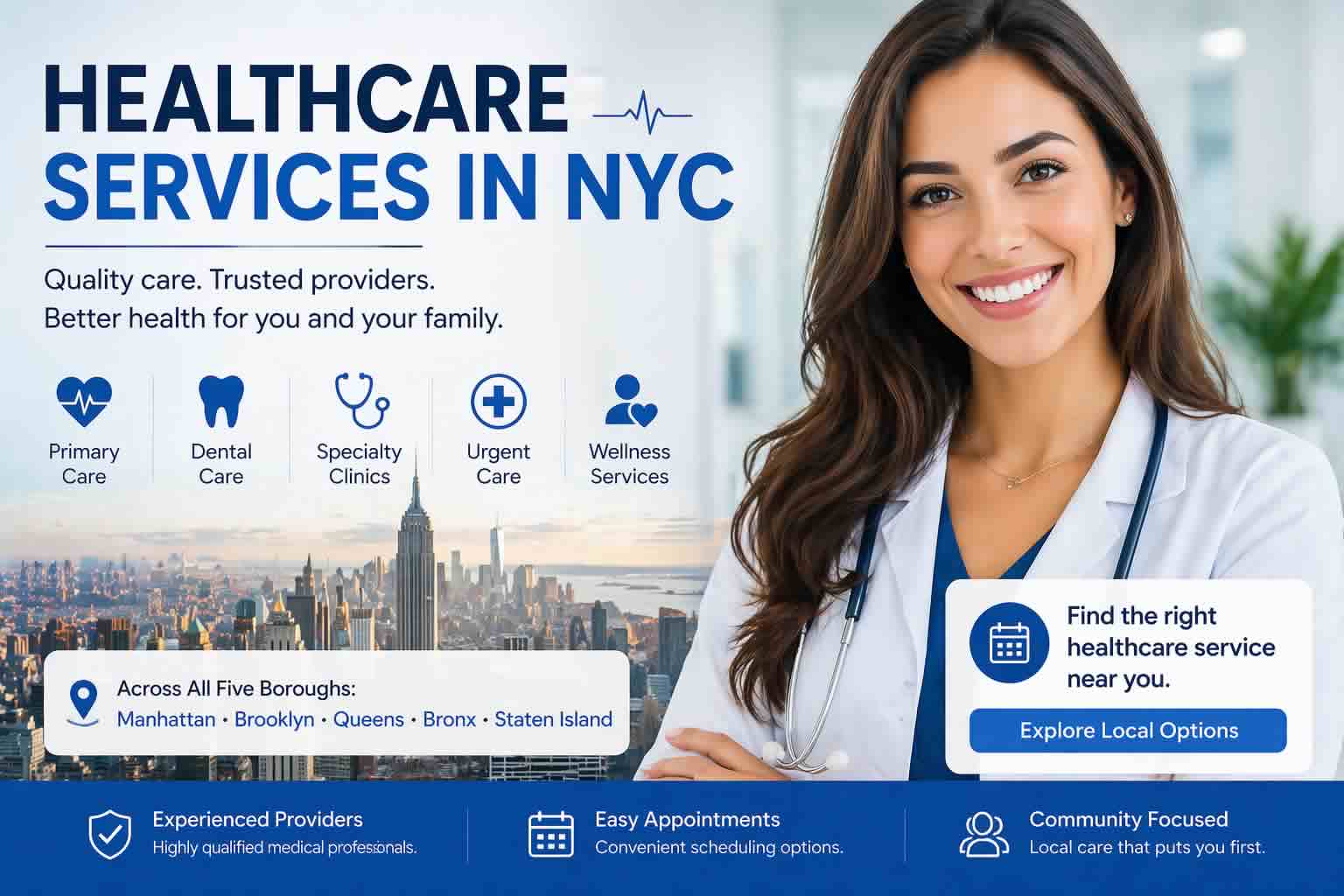 Smiling female doctor healthcare services NYC 2026 medical dental clinics New York City skyline